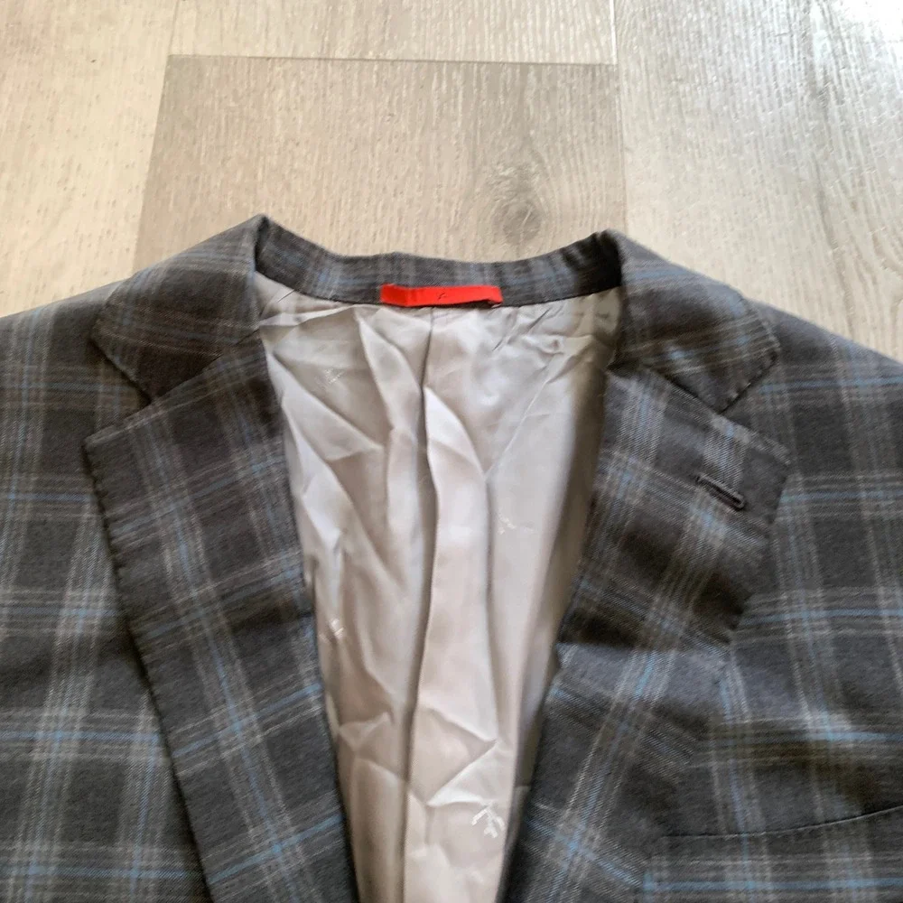 Isaia Napoli Mens Plaid Sport Coat Blazer Charcoal Gray Blue Wool Two Button